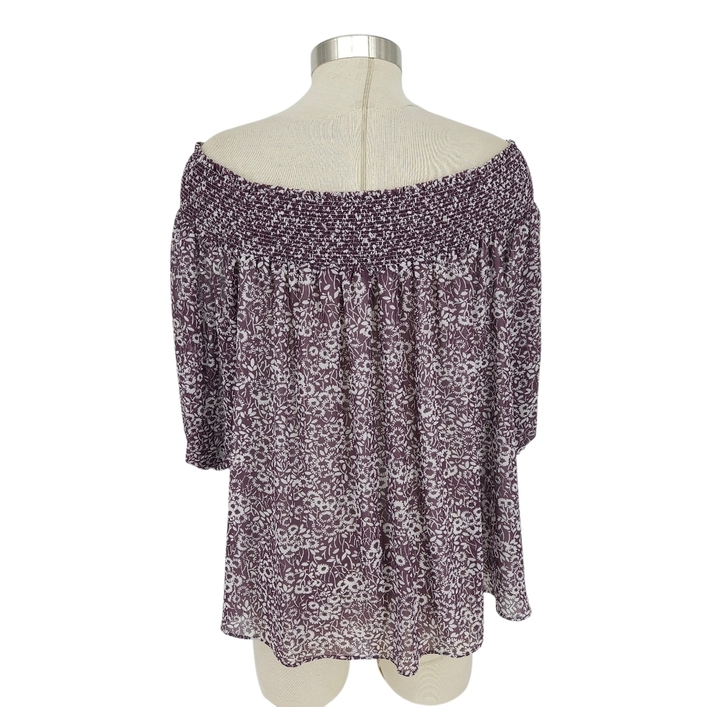 Ann Taylor LOFT Peasant Top Purple Floral Off Shoulder 3/4 Sleeve Shirt XS - Picture 6 of 10